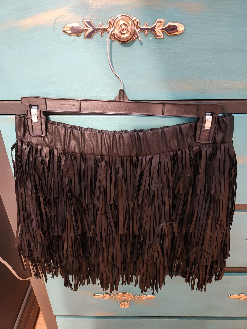 Black Faux-Leather Fringe Mini Skirt